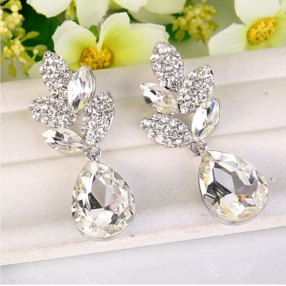 Silver with White Diamond Crystal Leaf Teardrop Dangling Post Back Drop Earrings - Picture 2 of 5